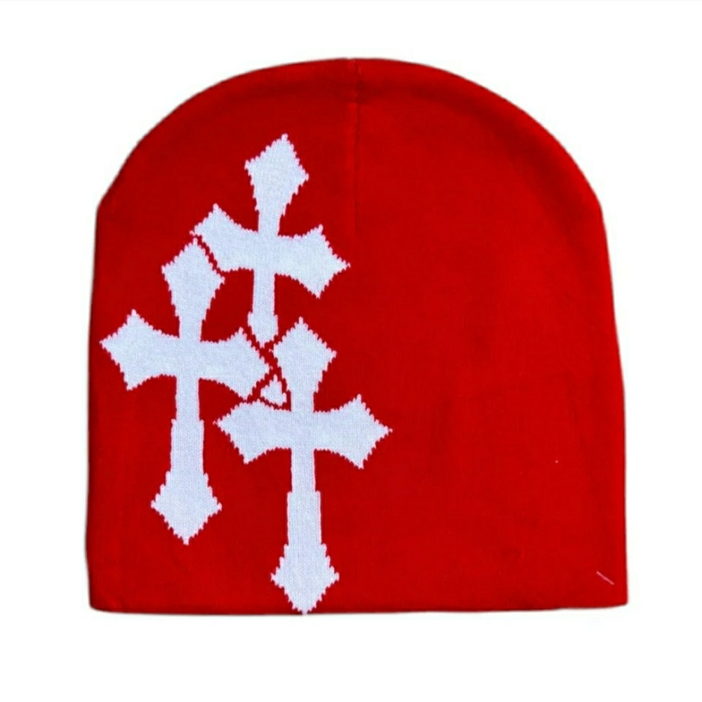 Y2K Red And White Cross Beanie. Winter Hat / Skully / Unisex. Hip hop punk.